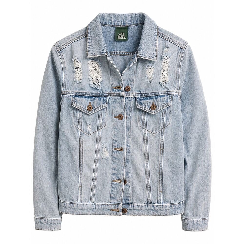 Wild Fable Wns Medium Cropped Denim Jacket Light Wash Distressed Raw Hem Y2K 90s